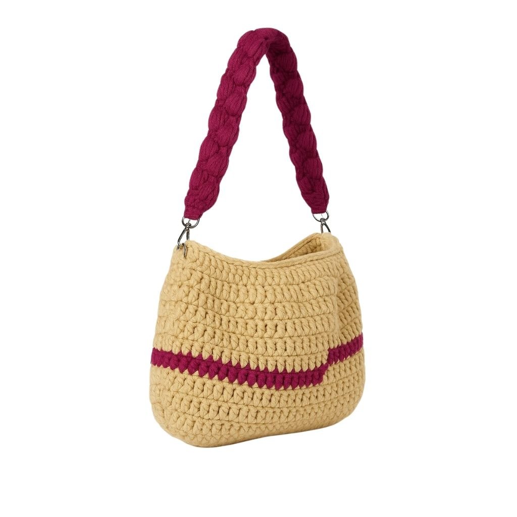 Handmade crochet wine purple stripe bag detail closeup | Unique Treasures