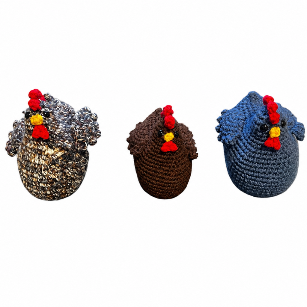Handmade crochet Little Farm Hens front view | Unique Treasures