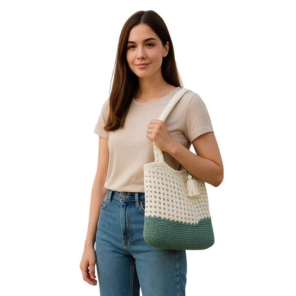 Handmade crochet seafoam breeze bag side angle | Unique Treasures