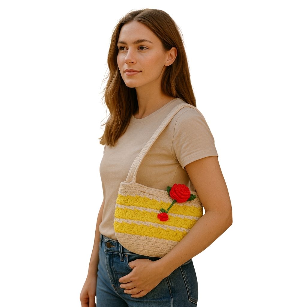 Handmade crochet sunrise bloom bag side angle | Unique Treasures