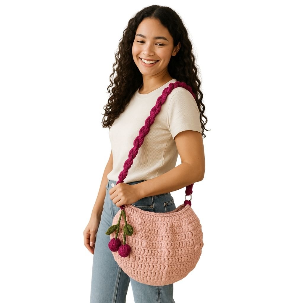 Handmade crochet pebble stitch bag side angle | Unique Treasures