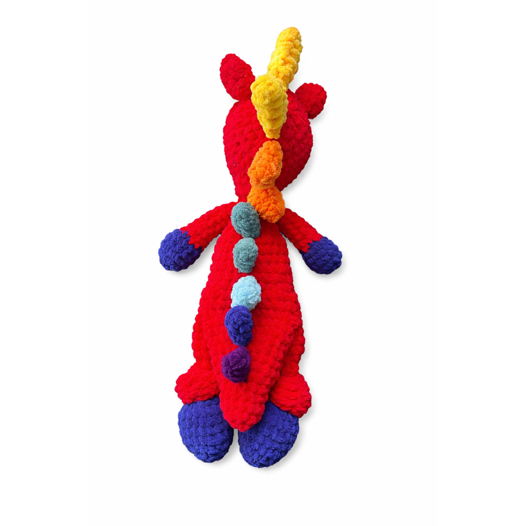 Handmade crochet red dragon snuggler side angle | Unique Treasures