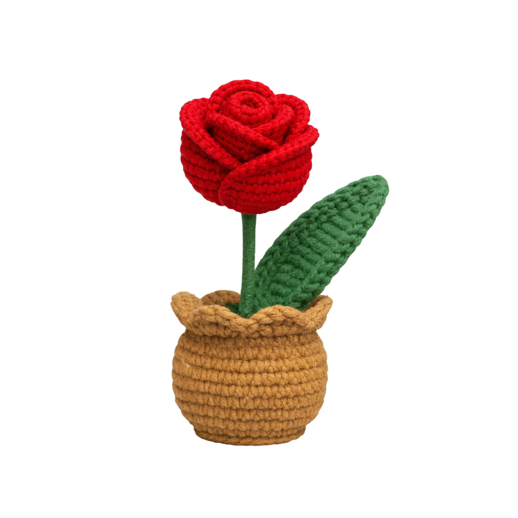 Handmade crochet flower in pot front view | Unique Treasures