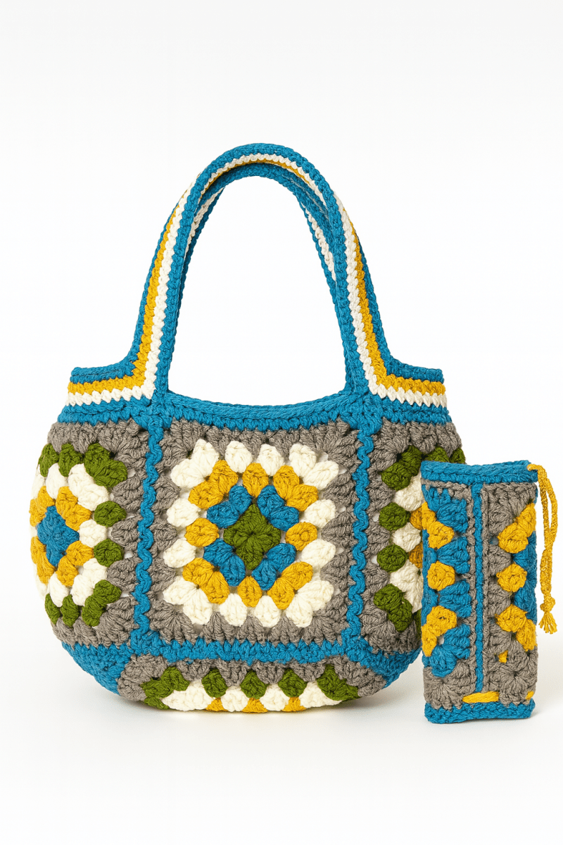 Handmade crochet geometric stitch handbag side angle | Unique Treasures