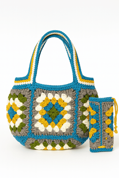 Handmade crochet geometric stitch handbag side angle | Unique Treasures