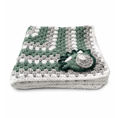 Handmade crochet green dinosaur blanket front view | Unique Treasures