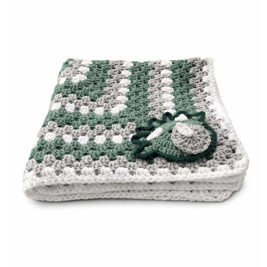 Handmade crochet green dinosaur blanket front view | Unique Treasures