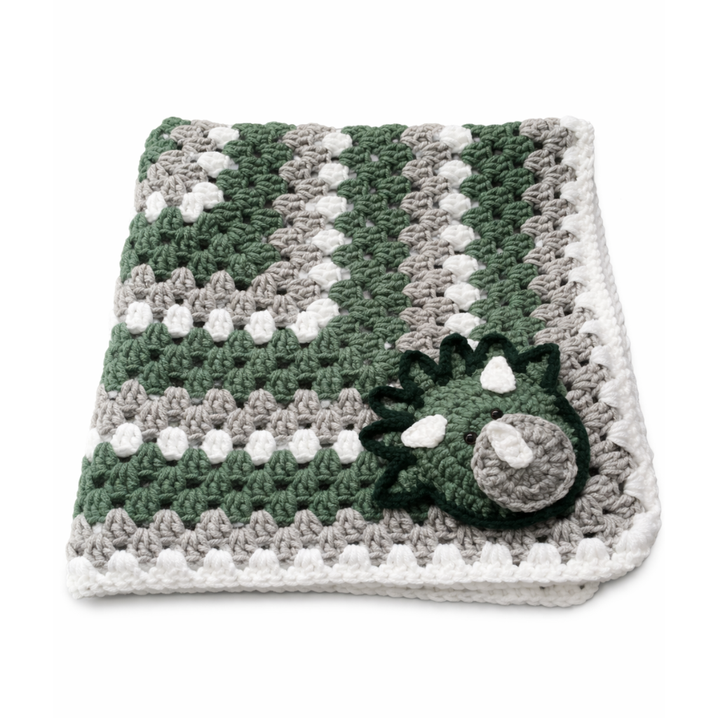 Handmade crochet green dinosaur blanket back view | Unique Treasures