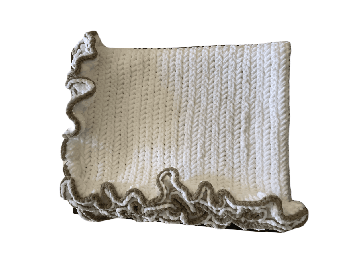 Handmade crochet baby blanket – ruffle edge back view | Unique Treasures