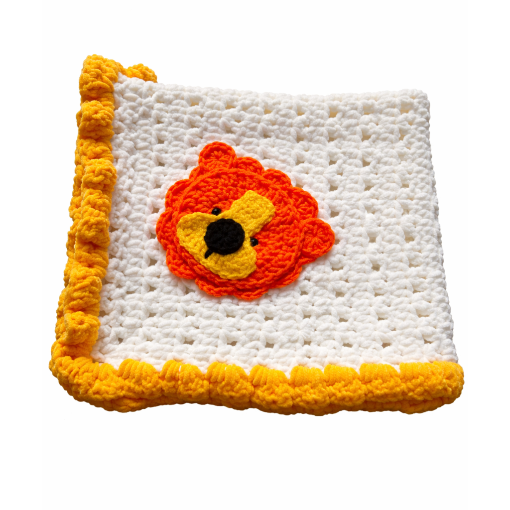 Handmade crochet lion blanket front view | Unique Treasures