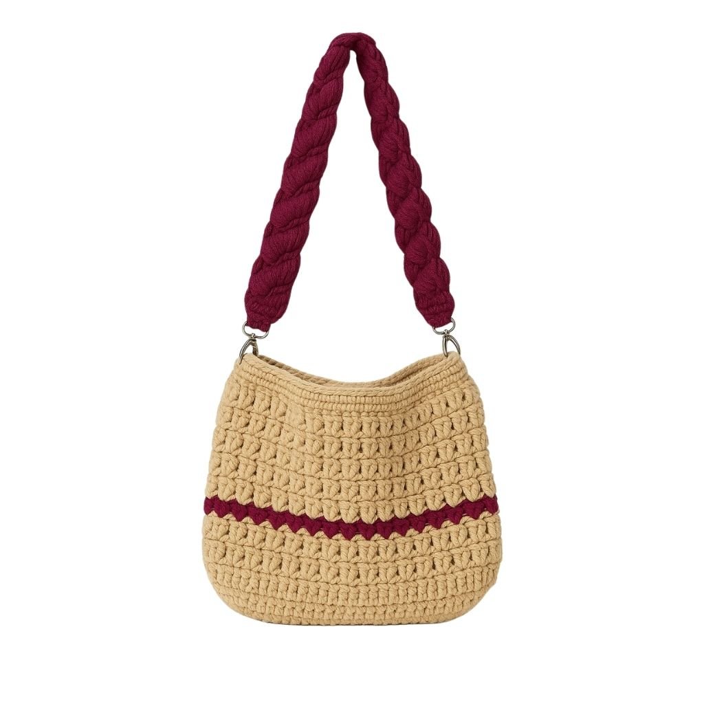 Handmade crochet wine purple stripe bag front view | Unique Treasures